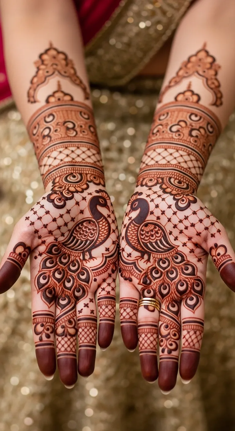 Bridal henna twin peacocks facing on both palms