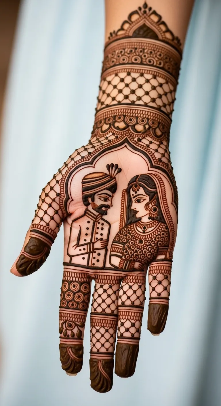 Bridal right hand mehndi with dulha dulhan