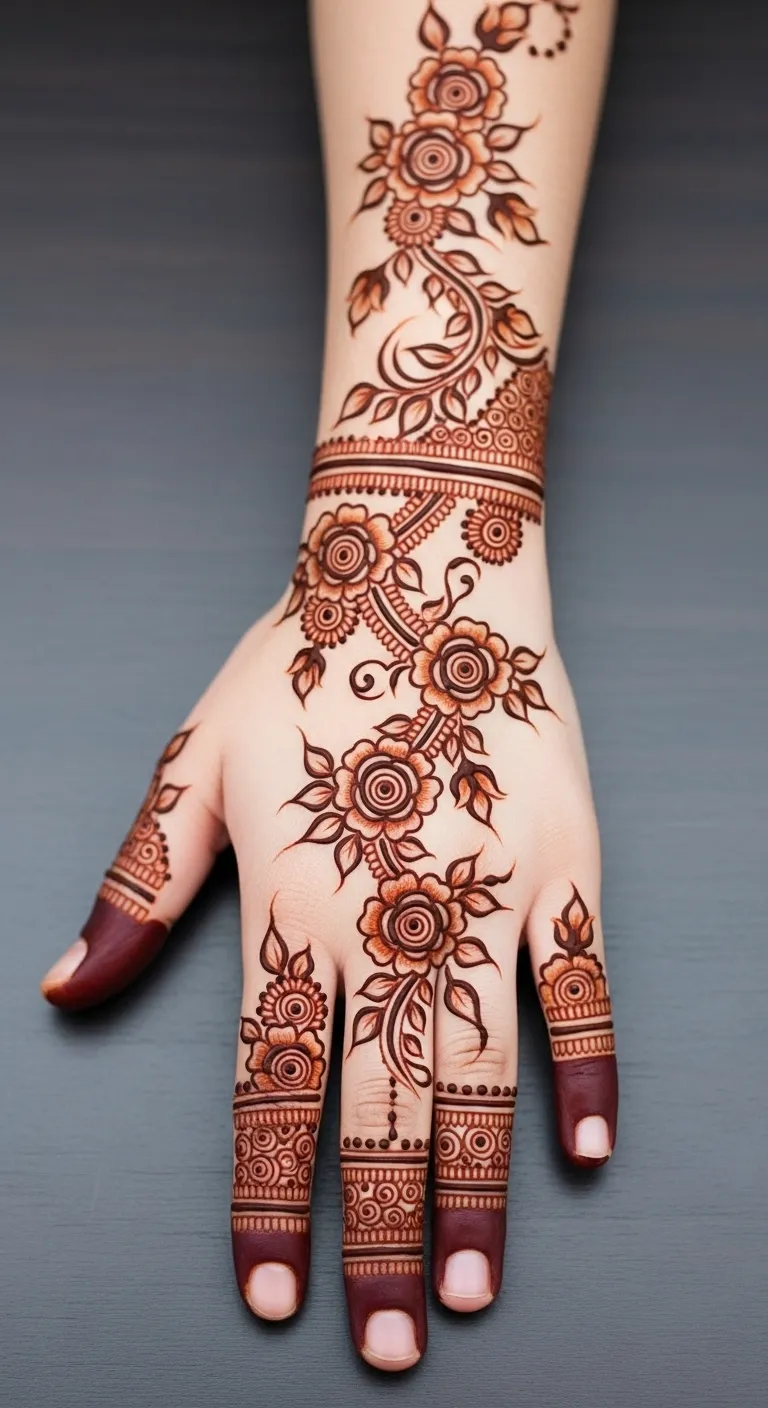 Bridal rose garland mehndi from fingers to elbow