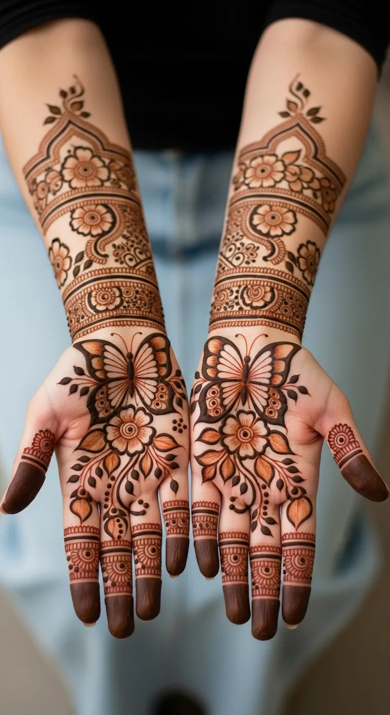 Butterfly mehndi resting on flower