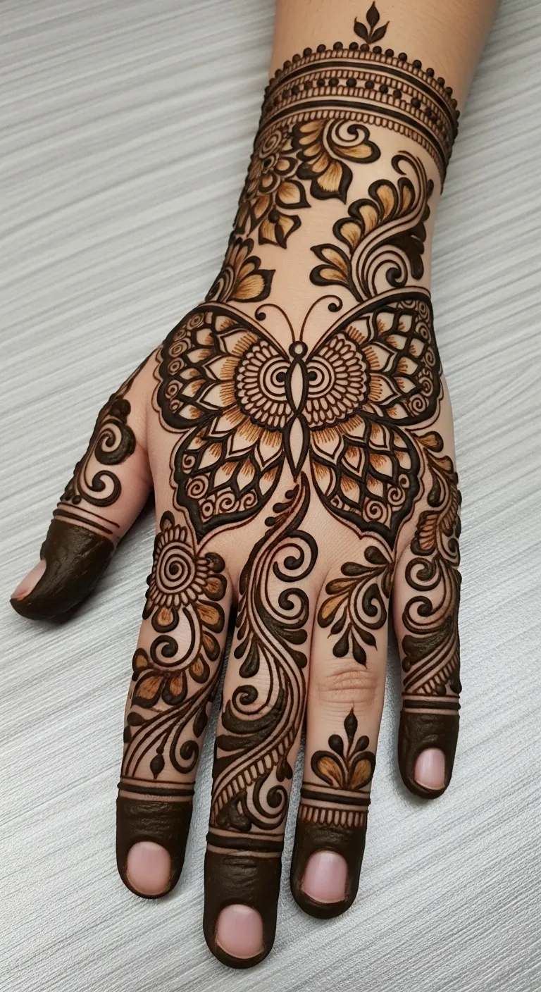 Butterfly mehndi with mandala on back hand