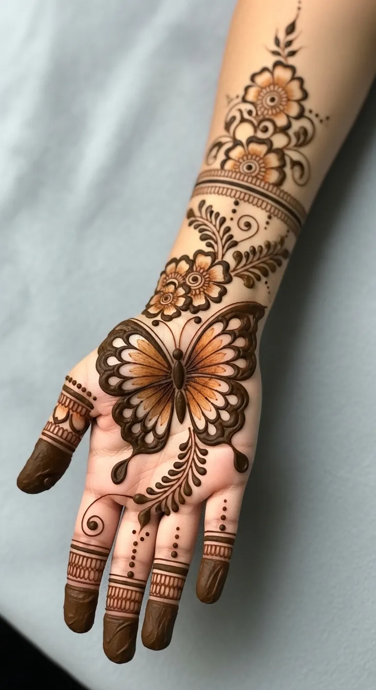 Butterfly mehndi on open palm with petals