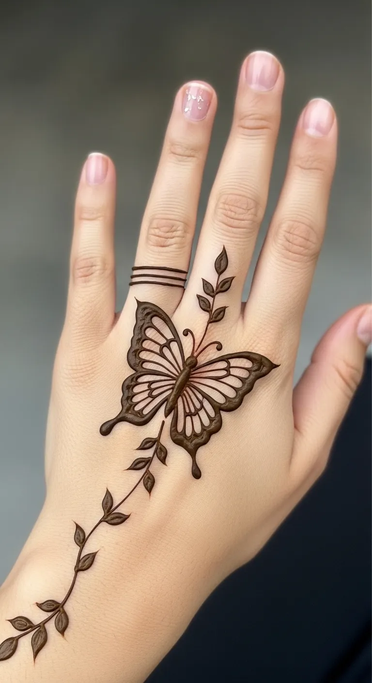 Butterfly mehndi on ring finger with vine