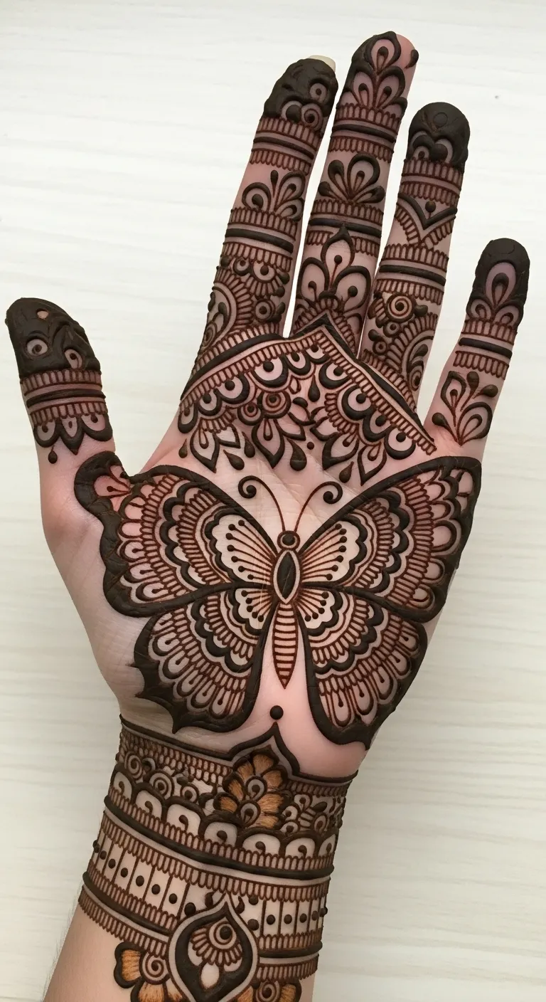 Butterfly mehndi with traditional bridal patterns
