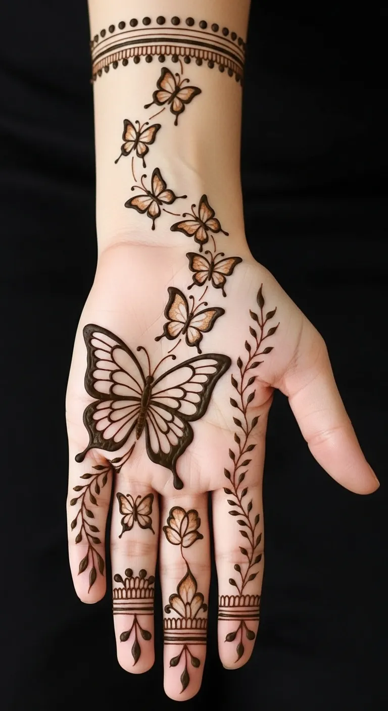 Butterfly trail mehndi with vine