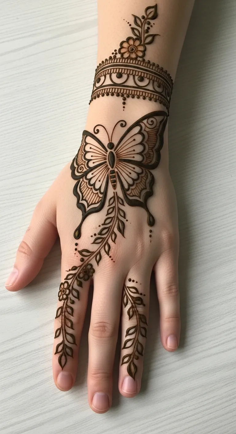 Butterfly mehndi with trailing vine and leaves