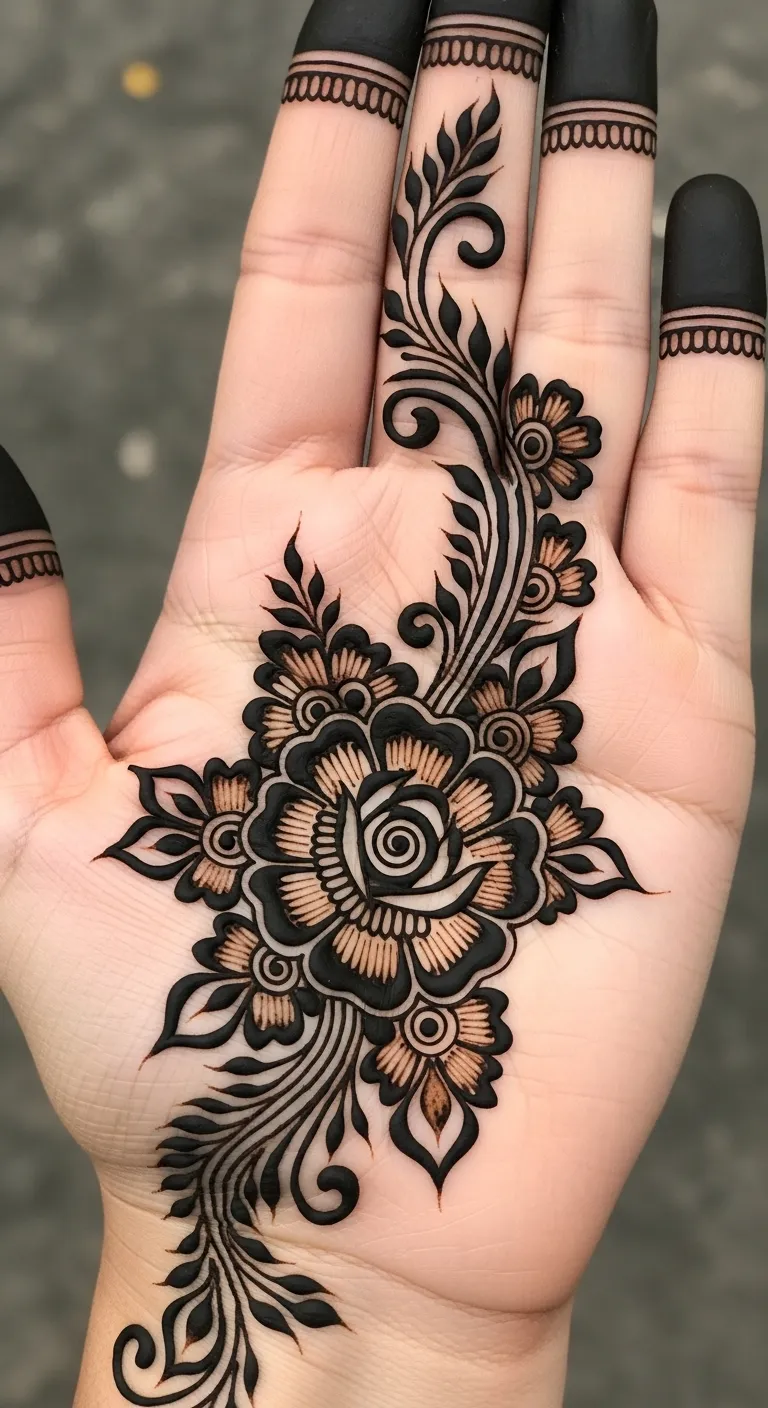 Chunky bold Arabic rose henna design
