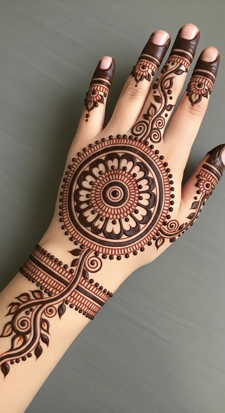 Circle mehndi on back hand with vine trail to wrist