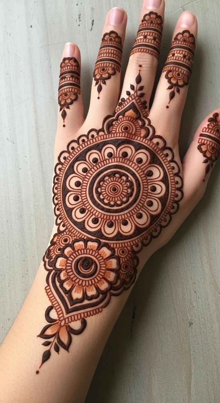 Concentric circle Arabic back hand mehndi