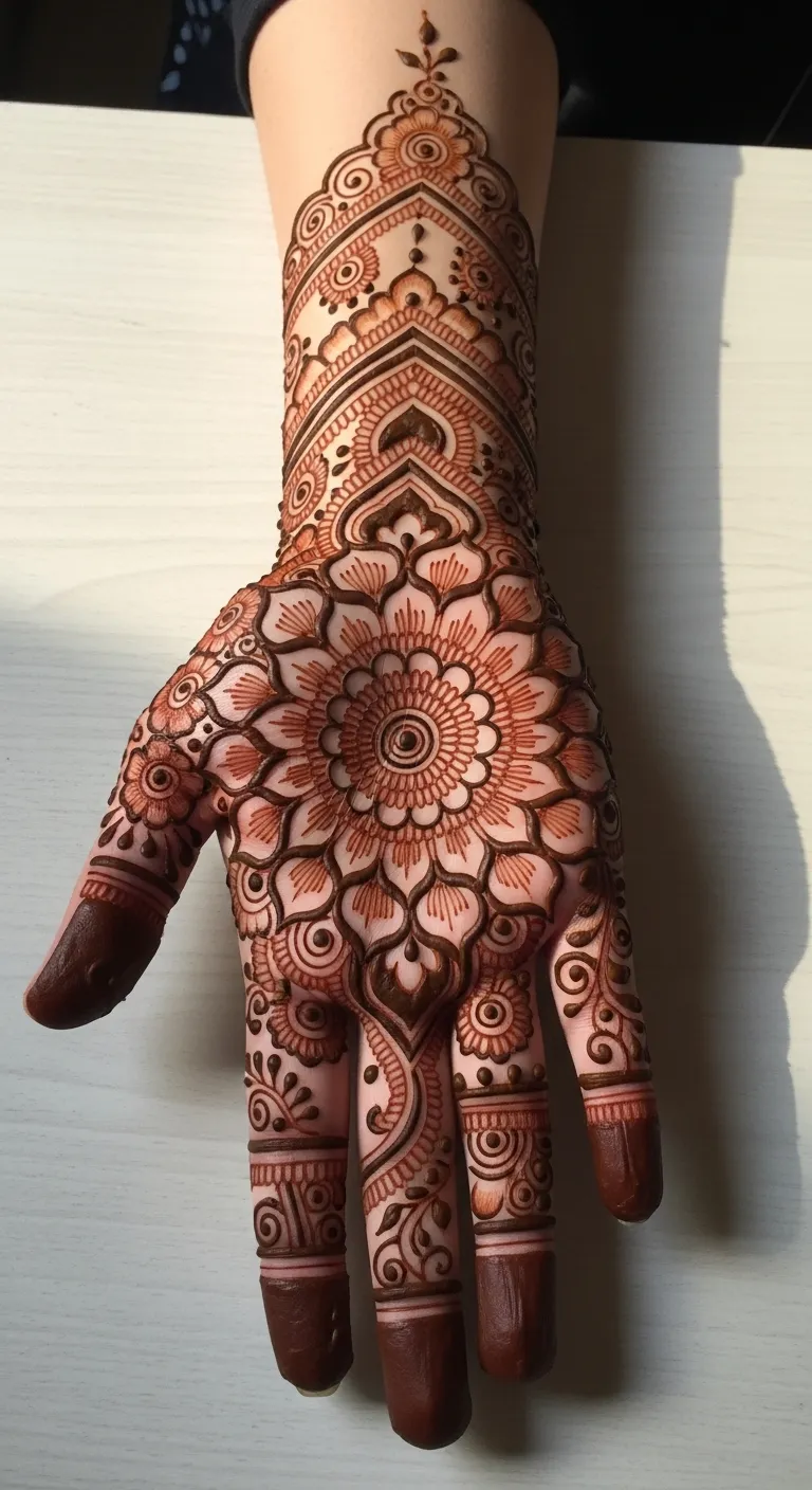 Circle mehndi design covering full front palm