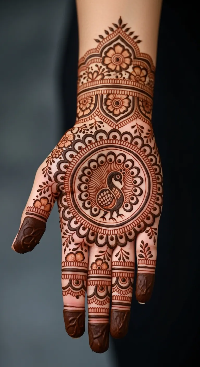 Circular peacock mehndi on front hand