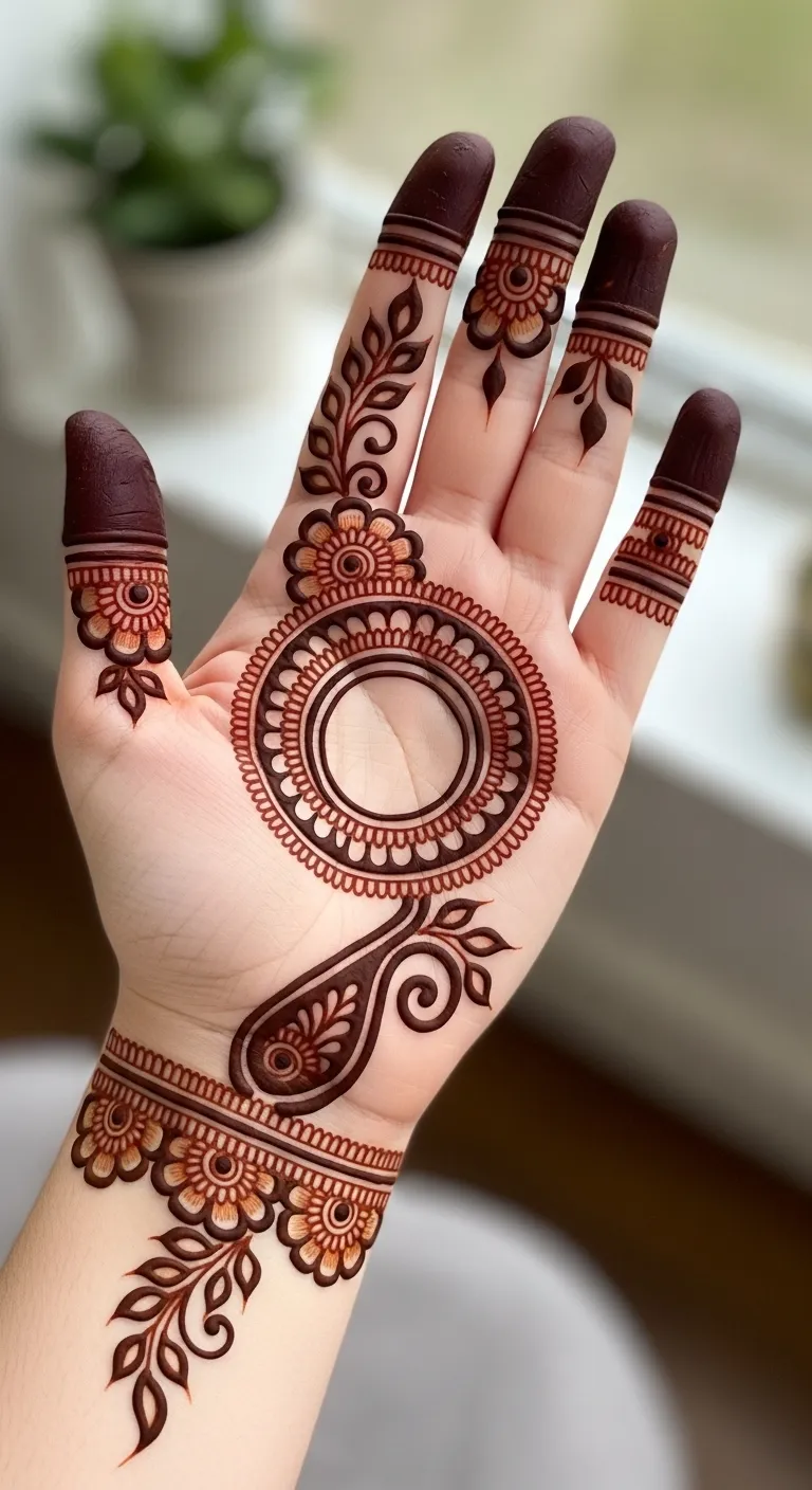 Circle mehndi with thick bail from wrist to middle finger