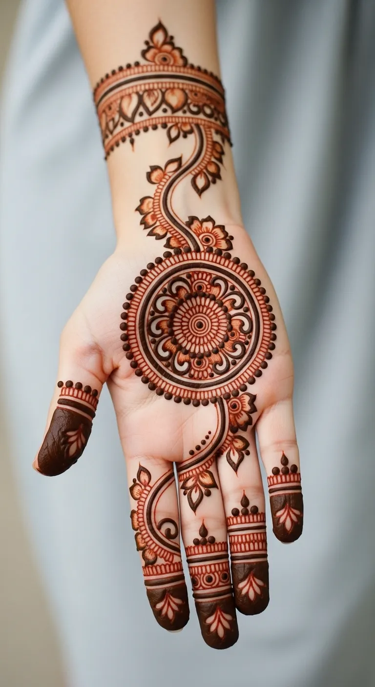 Circle mehndi with twin bail toward thumb and pinky