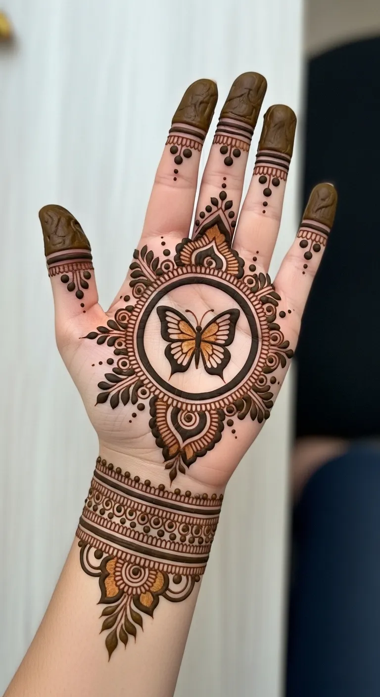 Circular mehndi with butterfly in middle