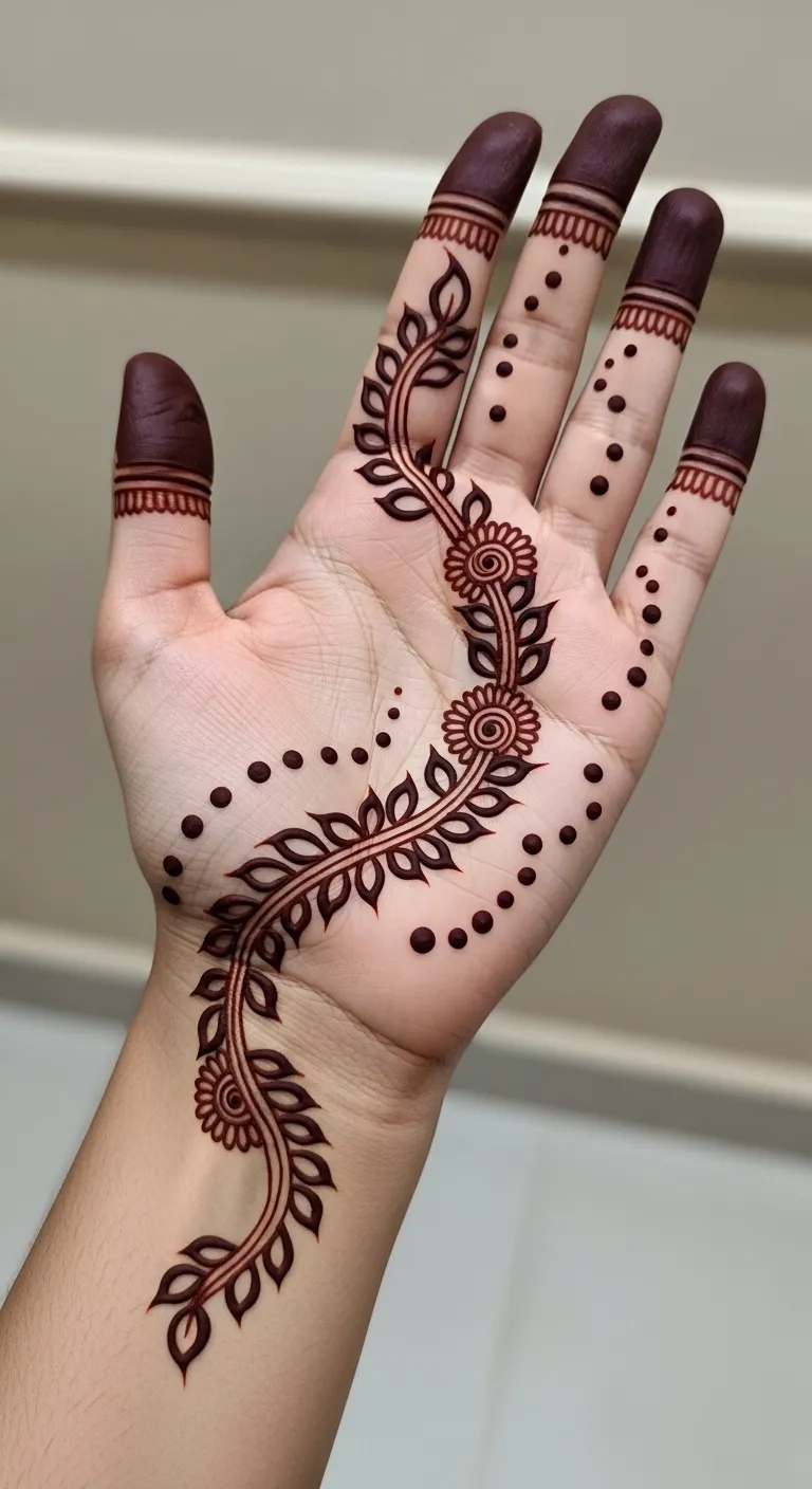 Curved bail mehndi on palm with scattered dots