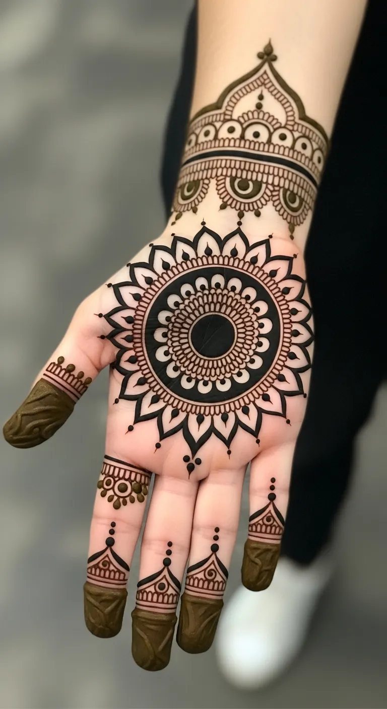 Deeply shaded mandala mehndi with dark center fading outward