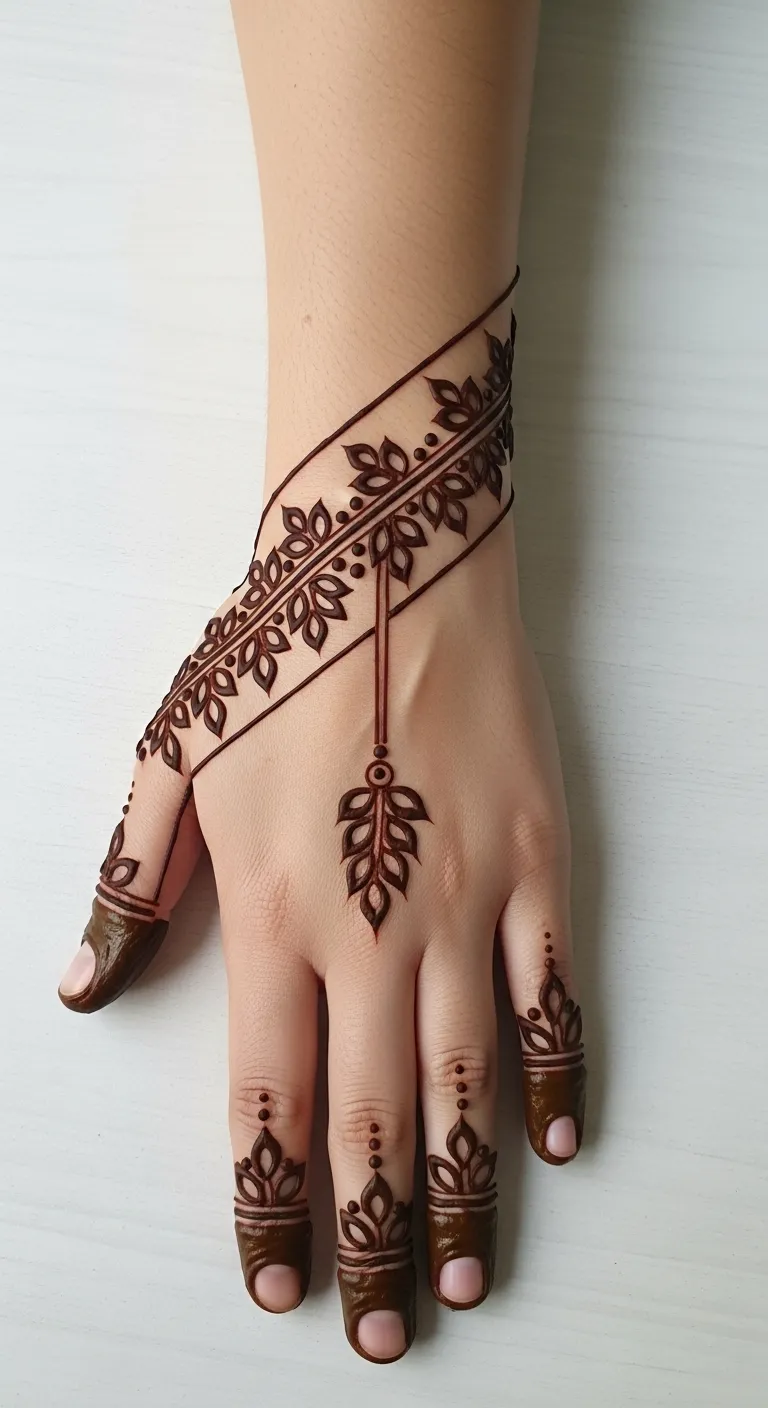 Diagonal bail mehndi on back hand with leaves
