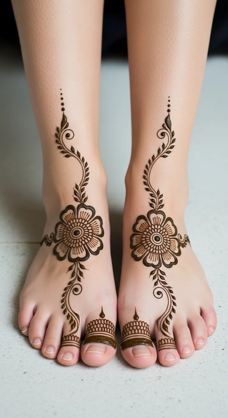 Dubai feet mehndi with large floral center motif