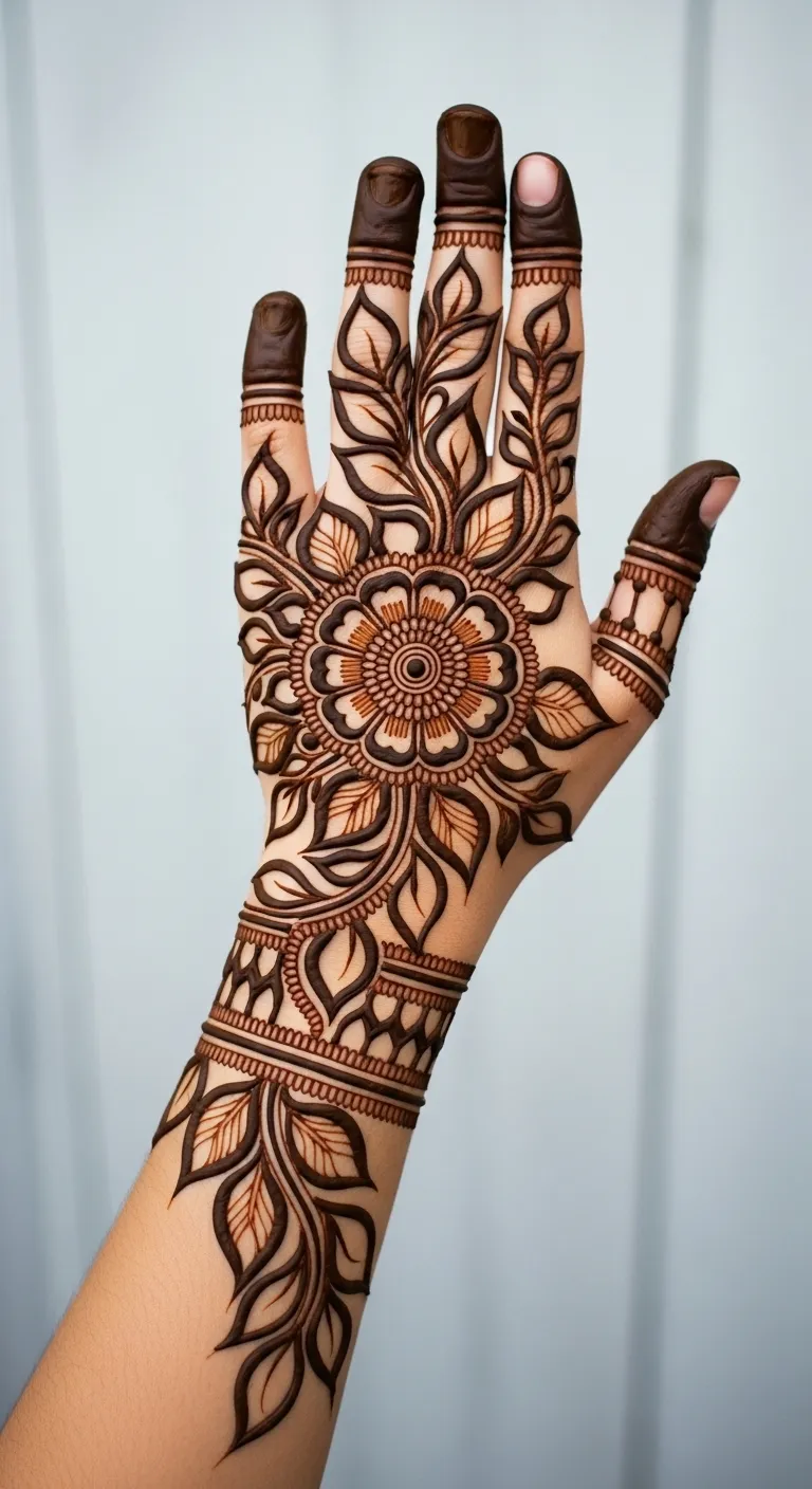 Dubai mehndi design with bold floral mandala on palm