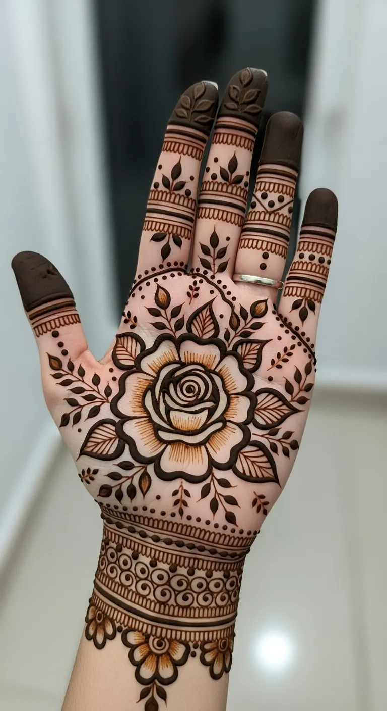 Dubai flower mehndi with large blooming rose