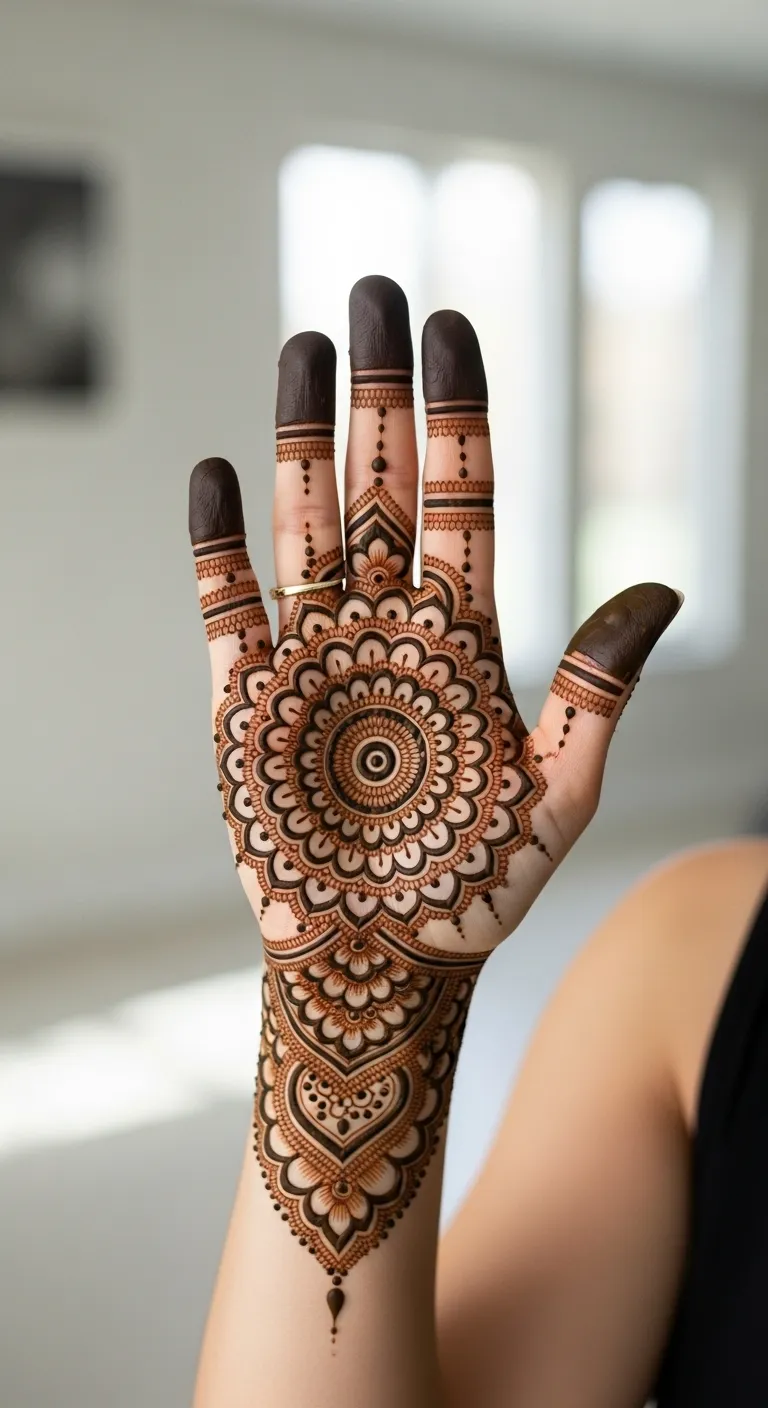 Dubai front hand mehndi with circular mandala
