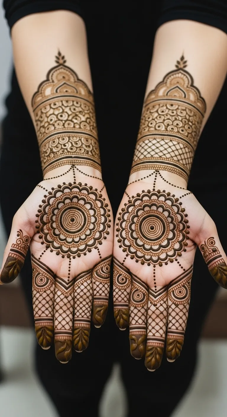 Dubai full hand mehndi with mandala and finger patterns