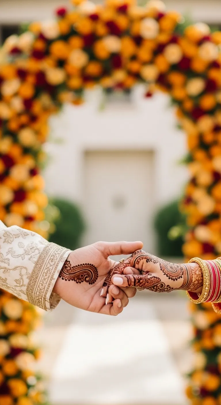 Dulha dulhan mehndi design with couple under floral arch