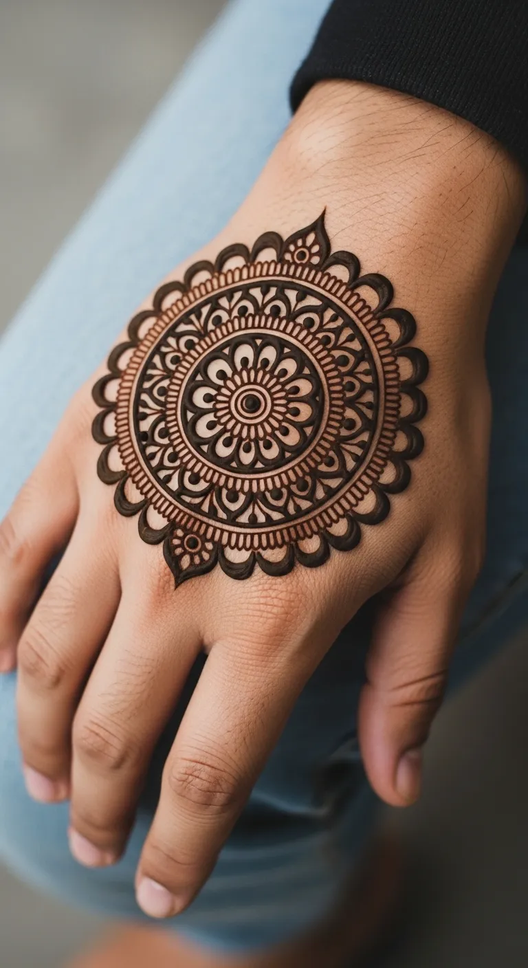 Dulha mehndi design with bold mandala on back hand
