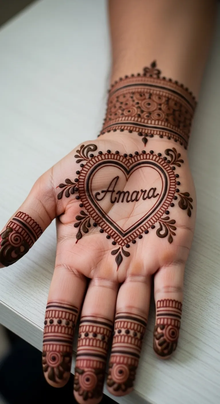 Dulha mehndi design with bride name inside heart paisley