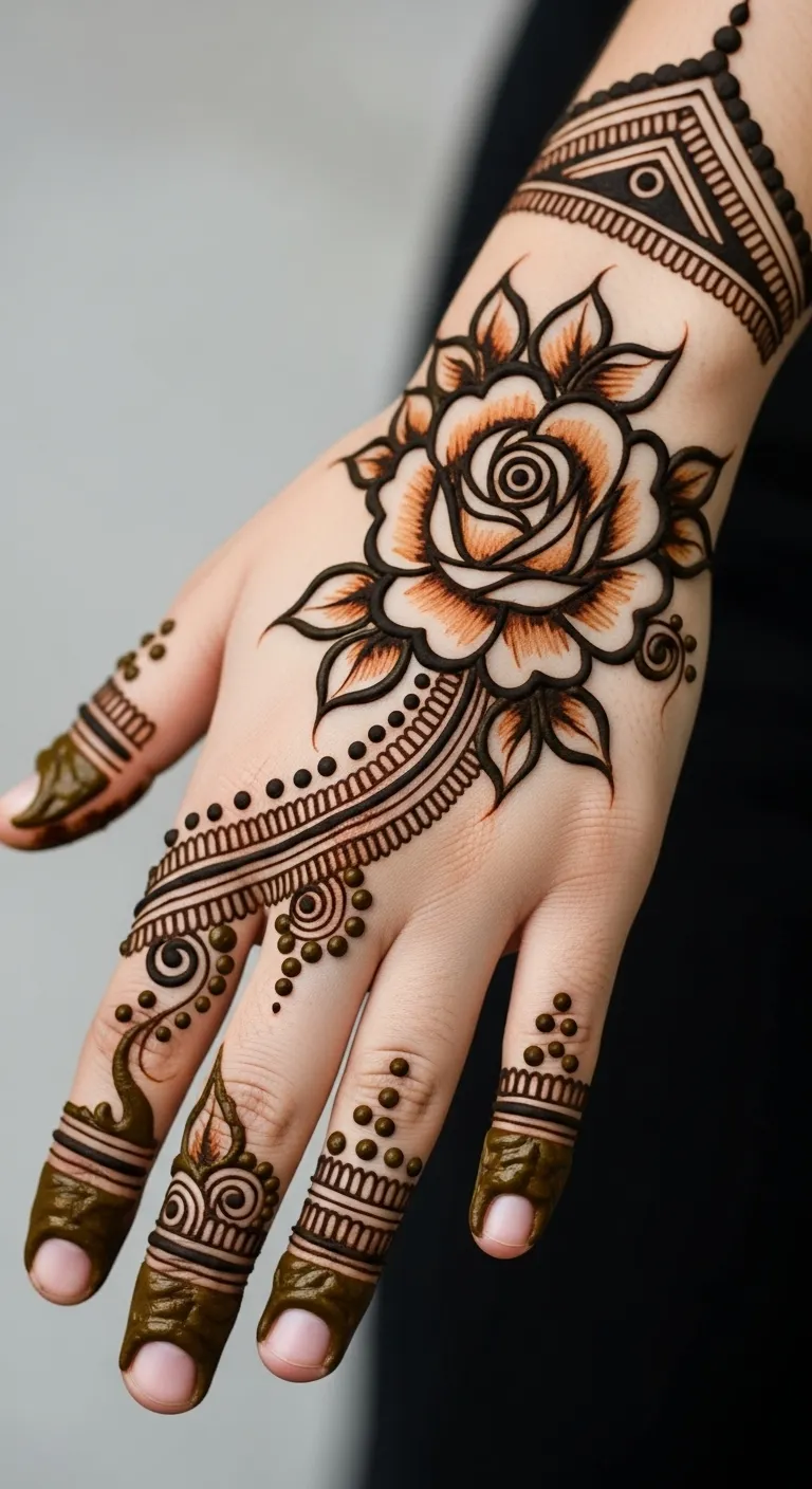 Easy shaded rose mehndi design on back hand