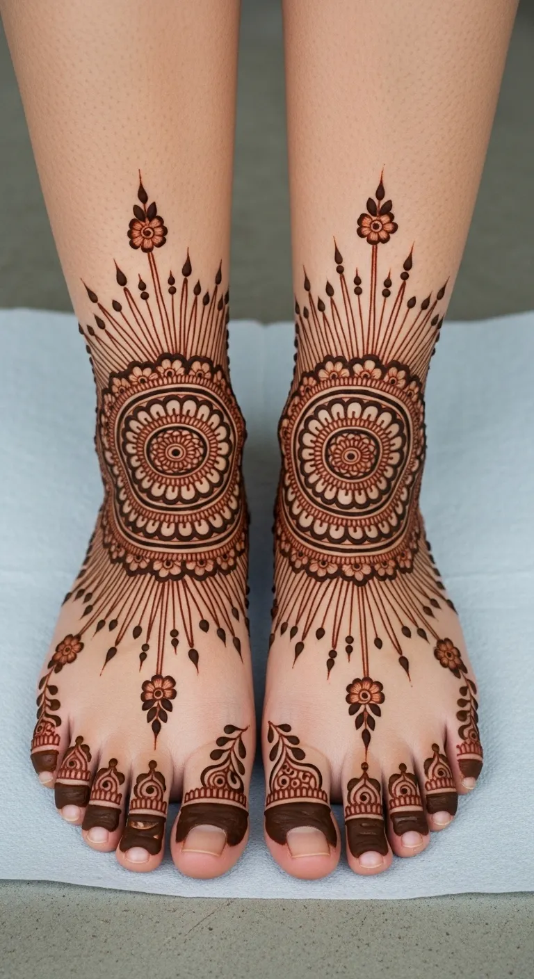 Feet mandala engagement mehndi design with petal rays