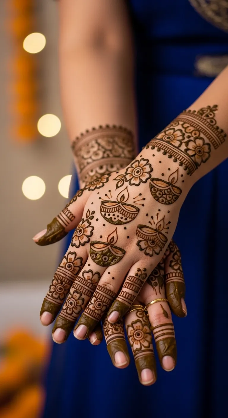 Diwali diya and flower back hand mehndi design