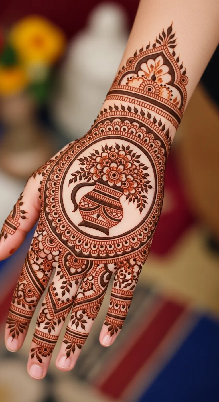 Festival kalash Arabic circle mehndi
