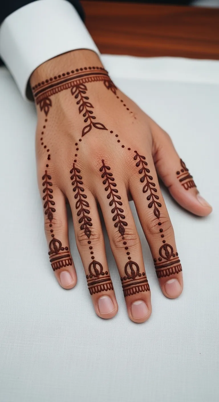 Finger only dulha mehndi with leaf and dot pattern