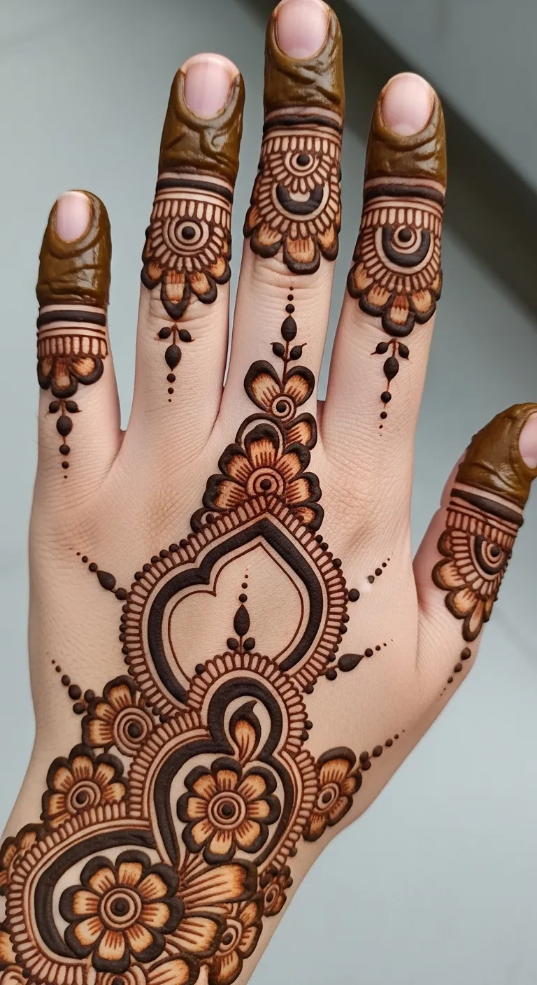 Individual finger Arabic mehndi back hand