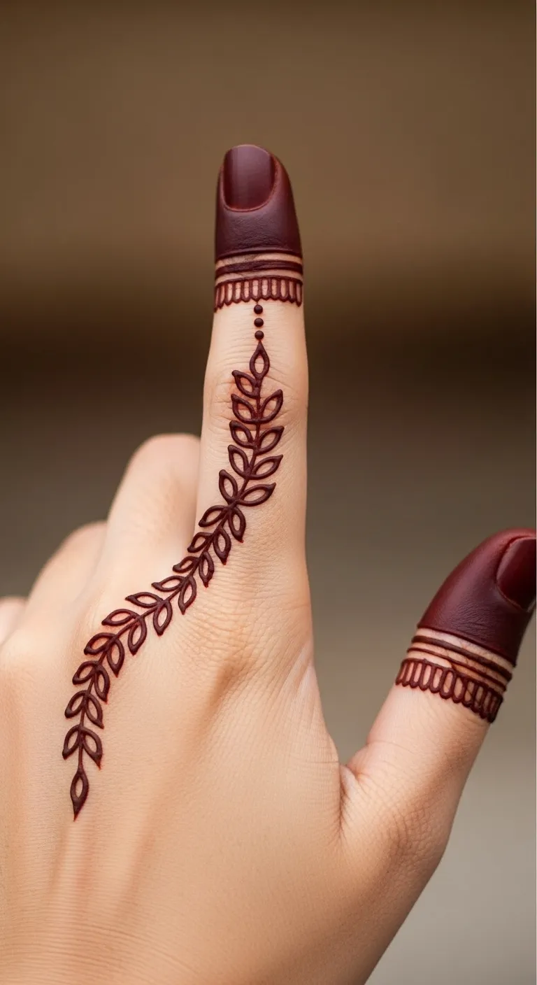 Finger mehndi design with delicate leaf chain