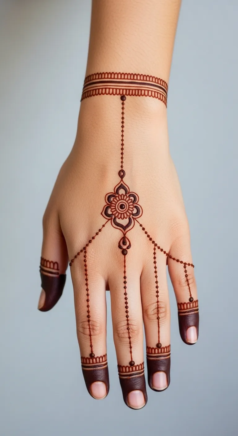 Chain link finger trail back hand mehndi design