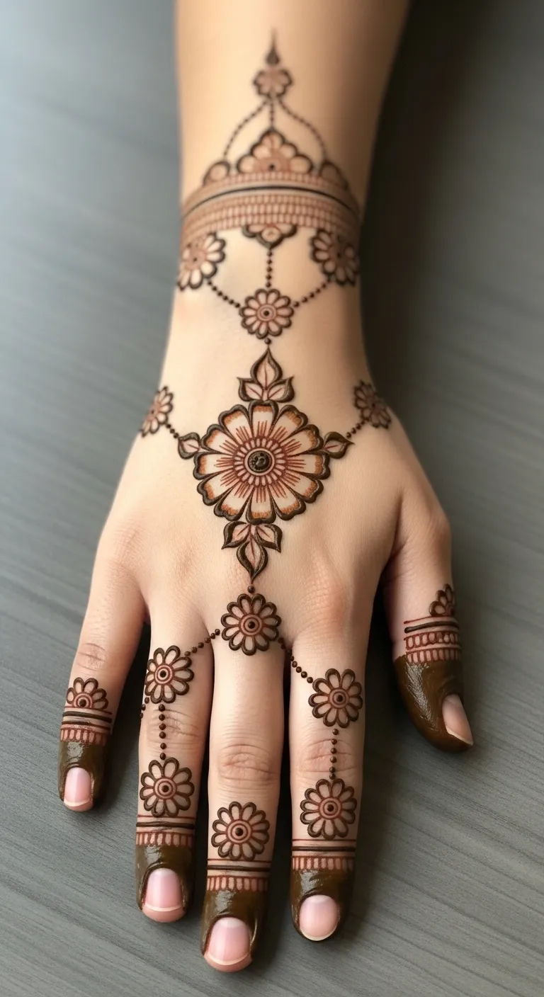 Daisy chain floral back hand mehndi design