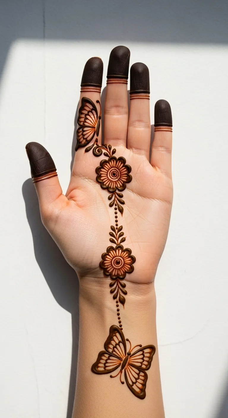 Floral chain mehndi with butterflies