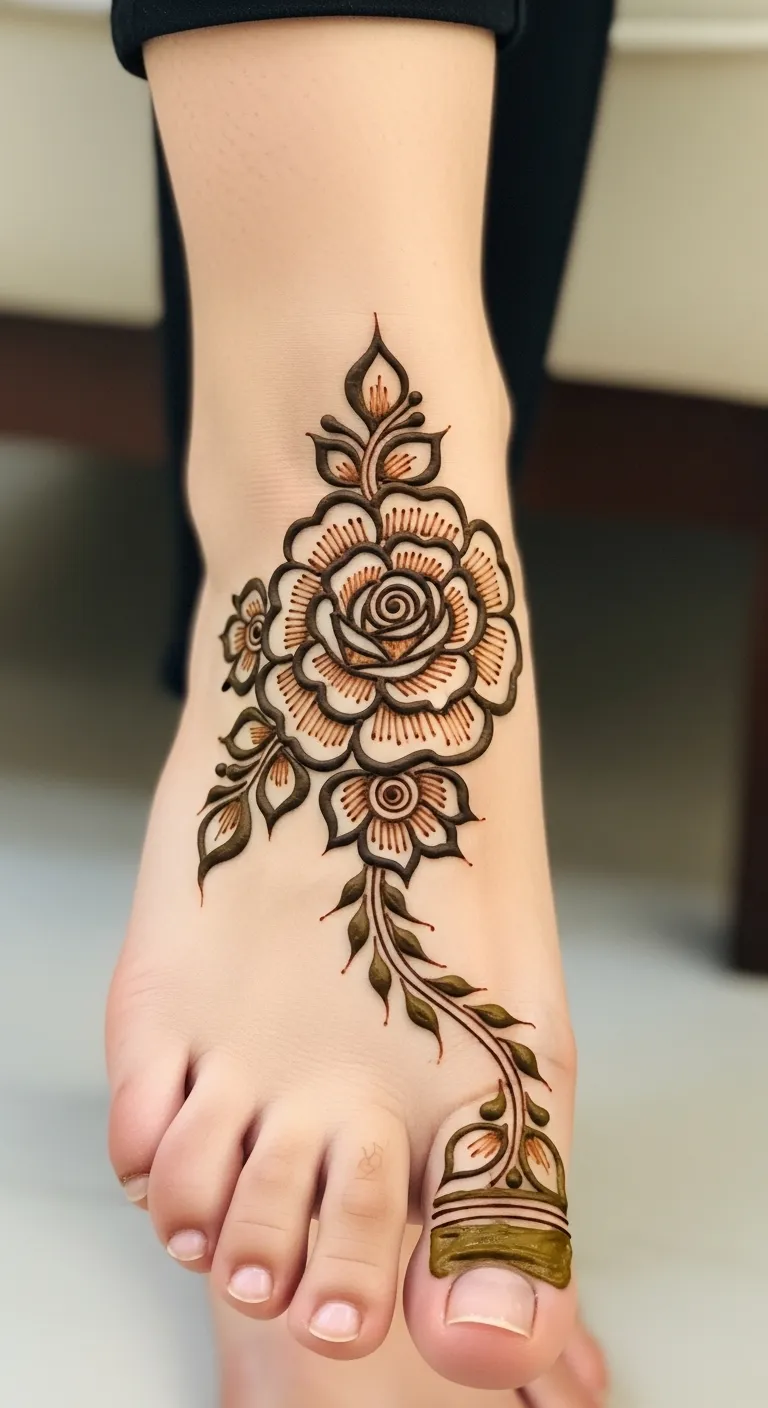 Floral foot mehndi with large rose at center