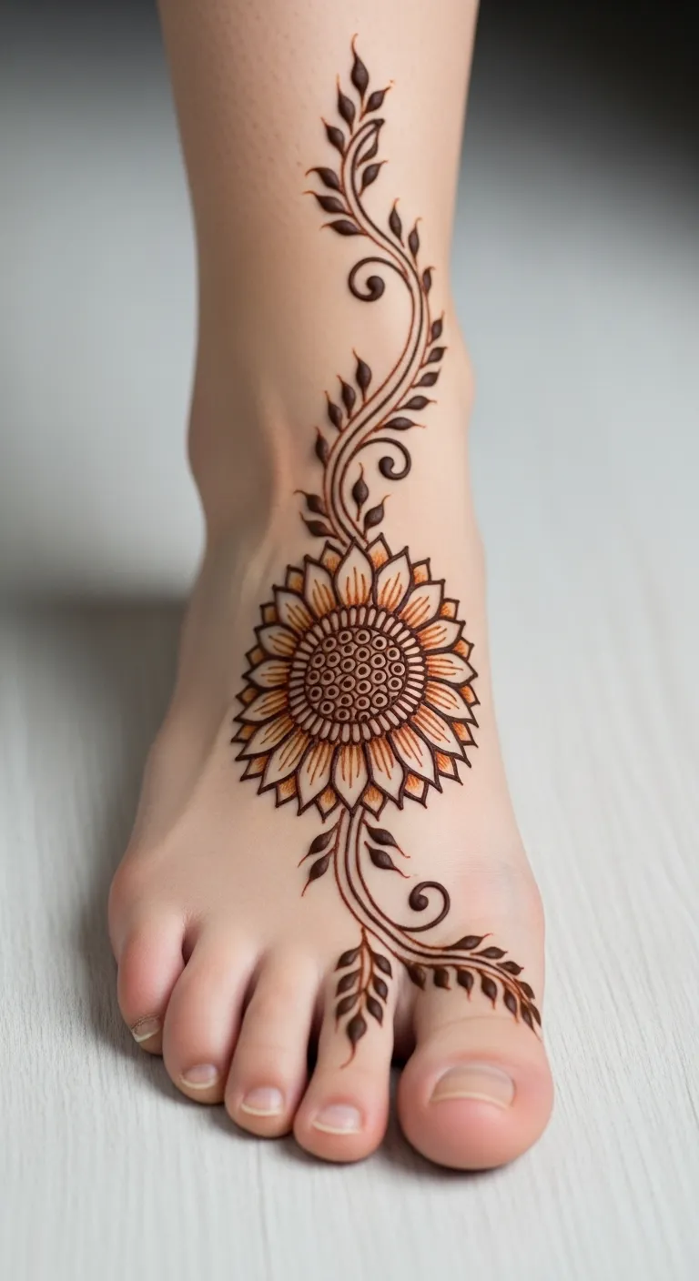 Floral foot mehndi design with sunflower