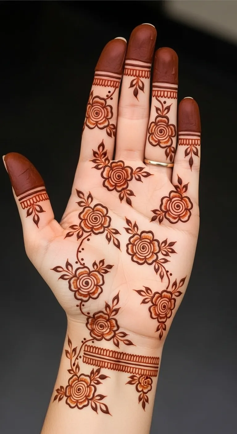 Floral full hand mehndi with scattered rose blooms