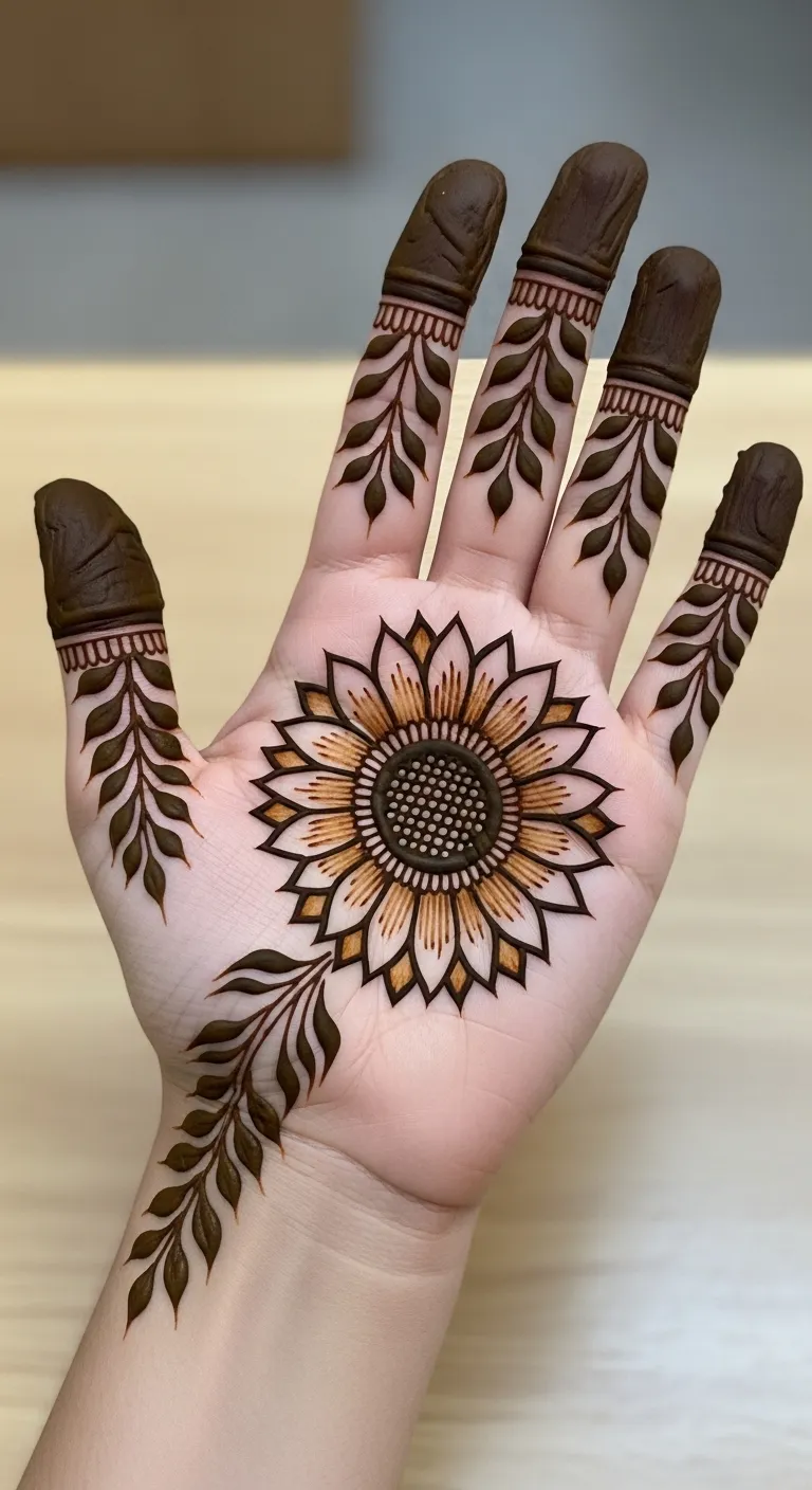 Floral full hand mehndi with sunflower design