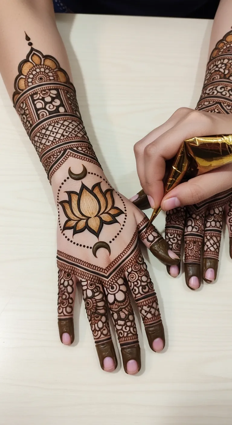 Floral Karwa Chauth mehndi with lotus moon and chalni