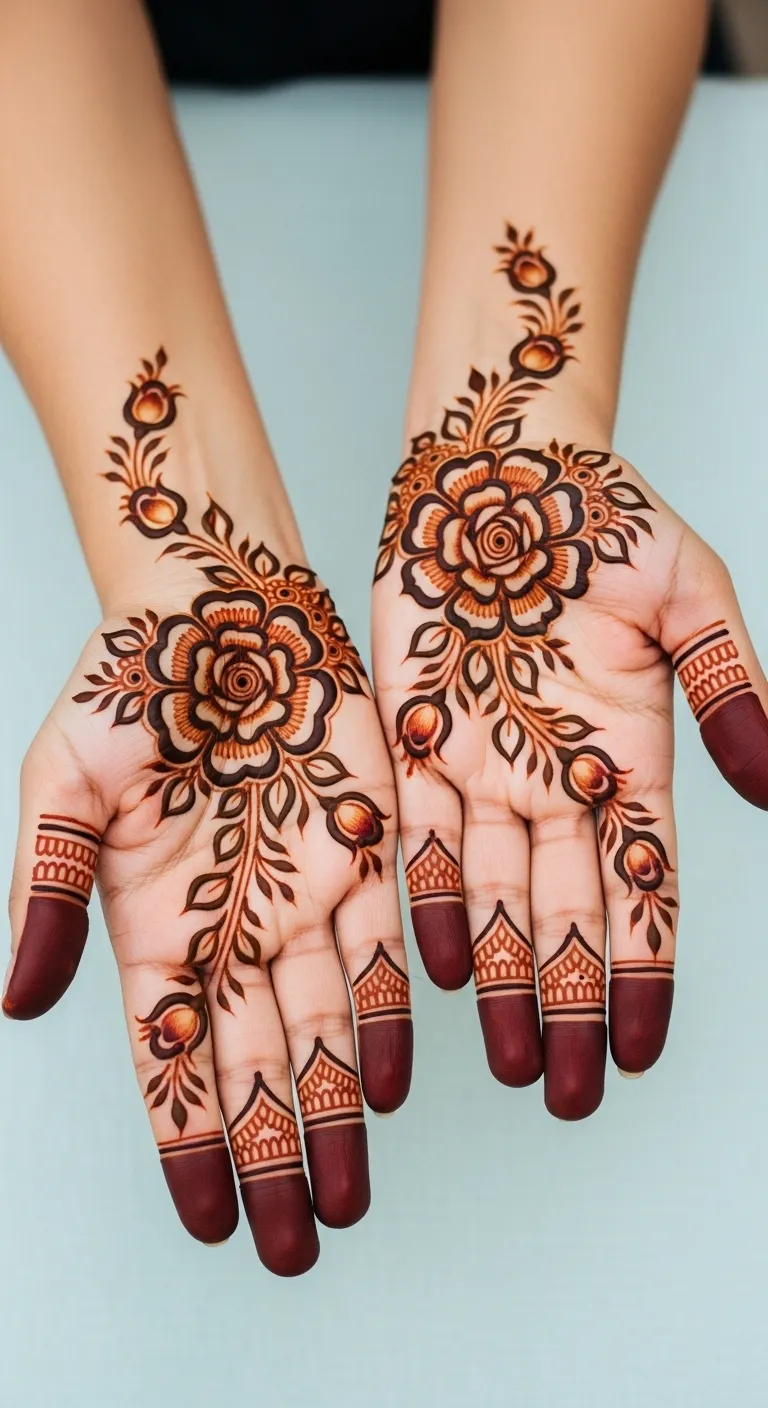Floral Karwa Chauth mehndi with rose and bud trail