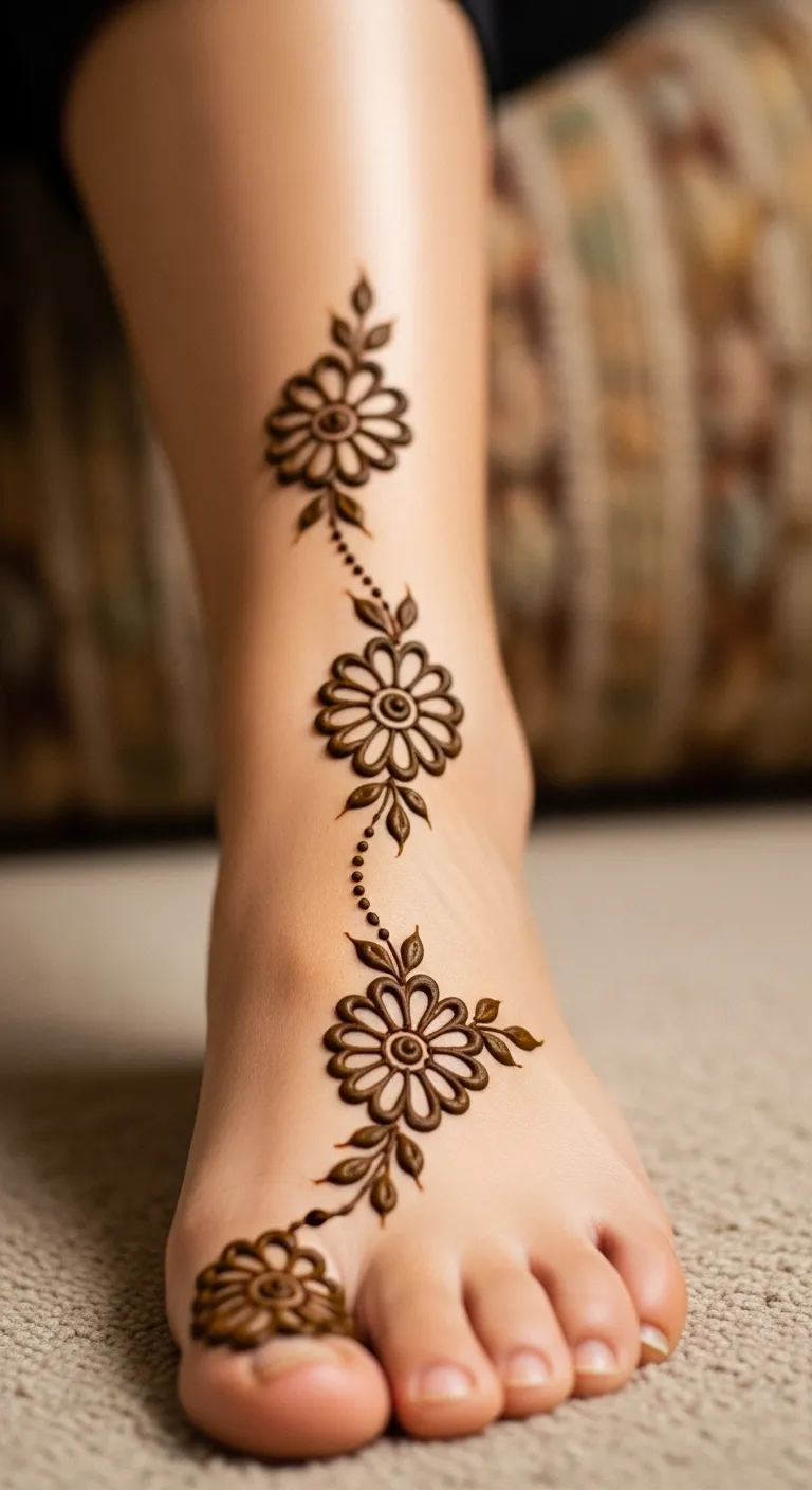 Floral leg mehndi with daisy chain to ankle