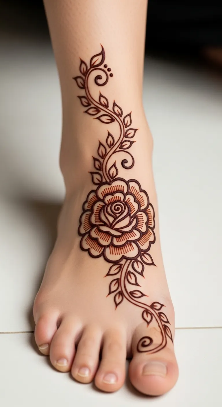 Floral leg mehndi with large rose on center of foot