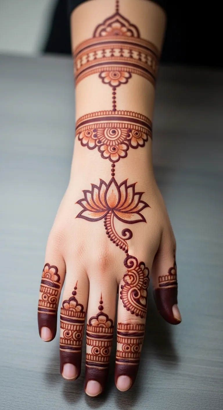 Floral lotus chain Arabic mehndi back hand