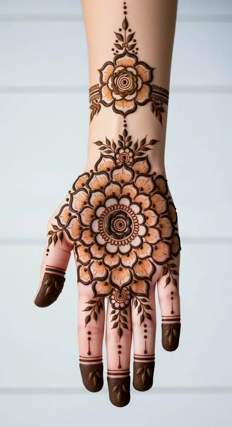 Floral mandala mehndi with rose petals from dotted center