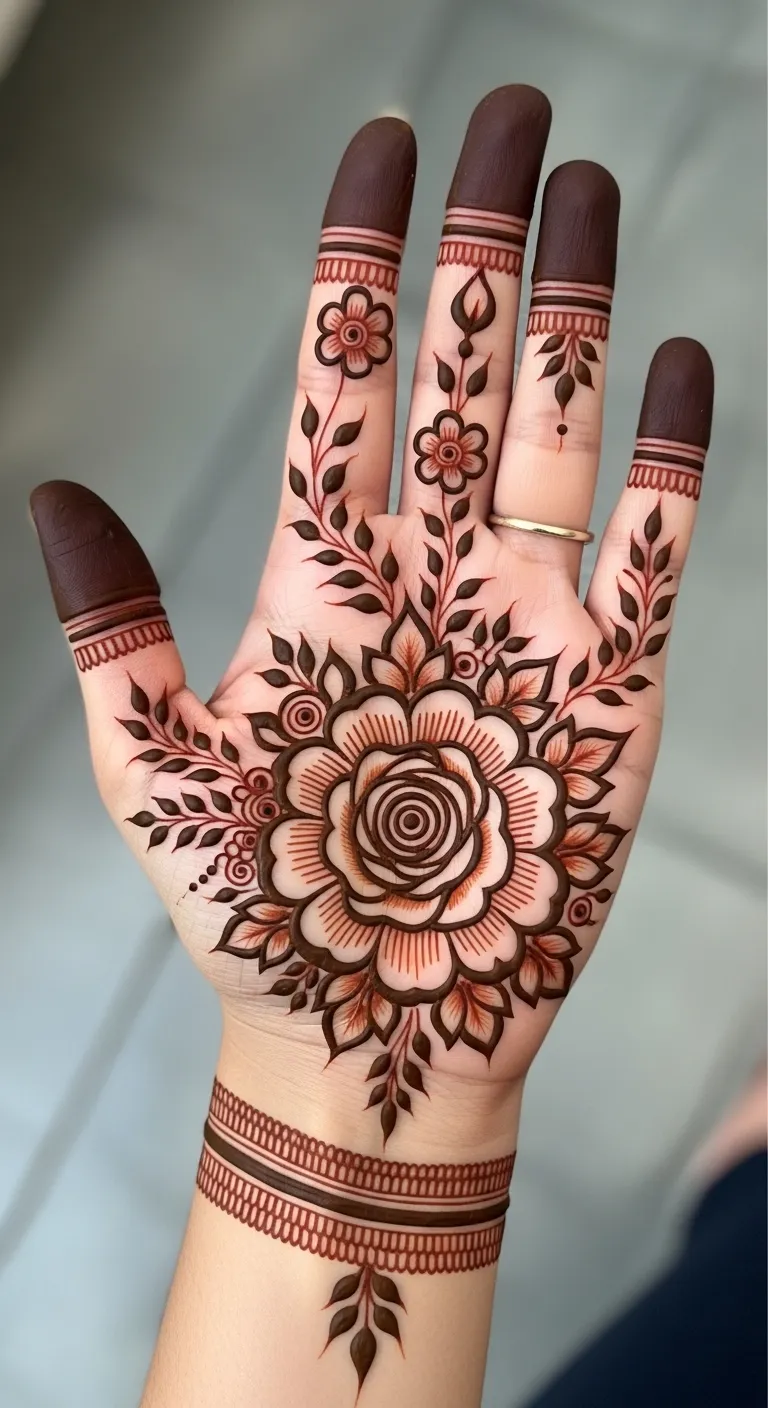 Floral palm mehndi with large rose bloom